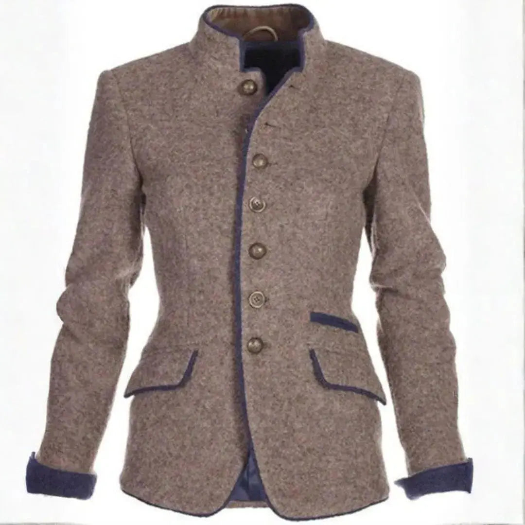 Women's tailored blazer with stand collar and contrast trim, sculpted silhouette for workwear