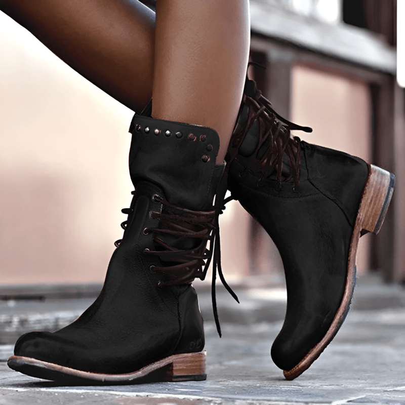 Brown studded lace-up mid-calf boots women low heel polished leather everyday comfort