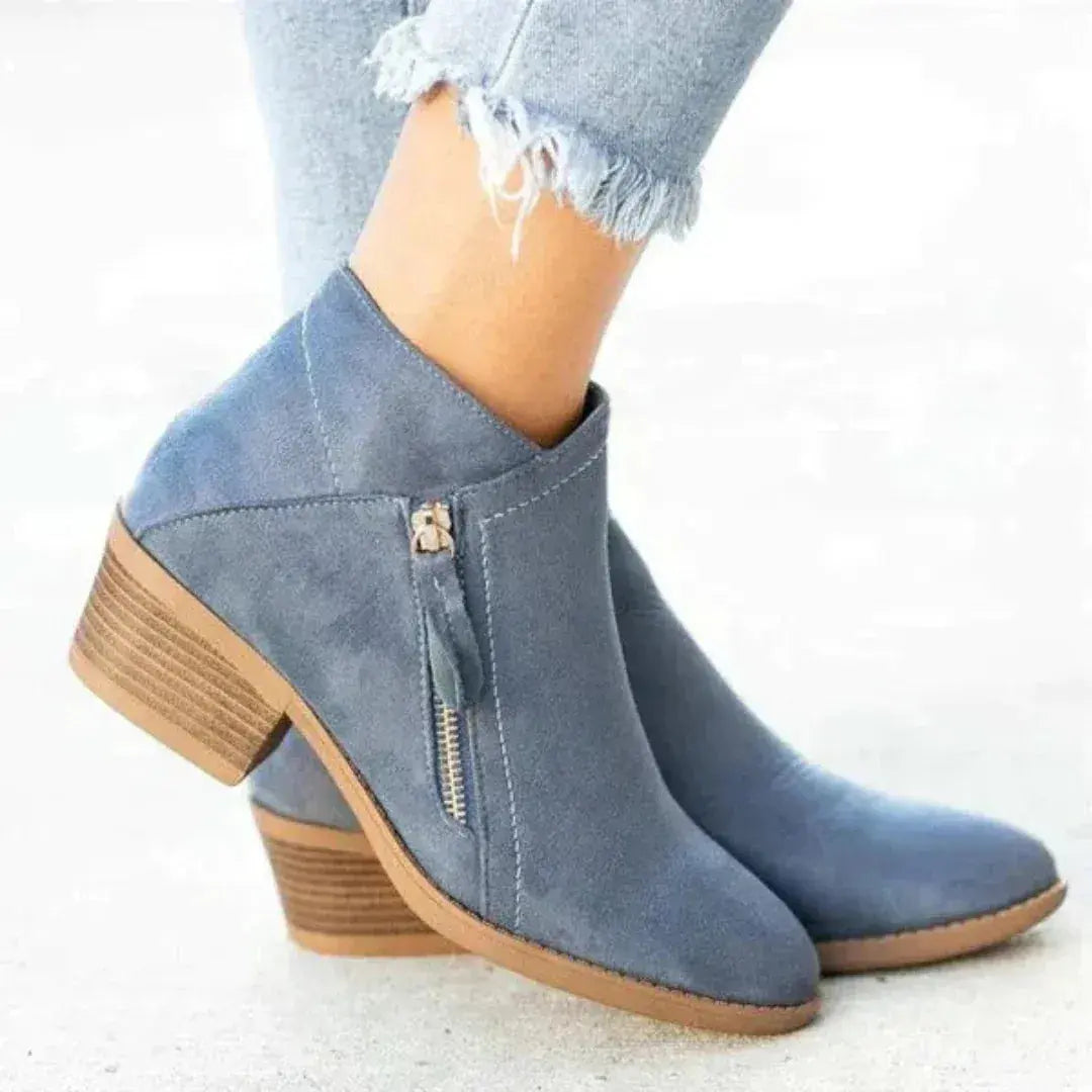 Women's soft suede ankle boots, chic velvety beige tone, low block heel, side zipper closure