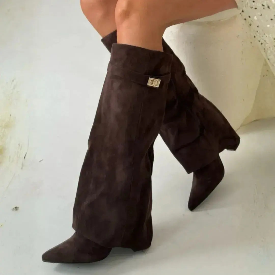 Women's brown suede knee-high boots with smooth velvety finish for cold weather elegance