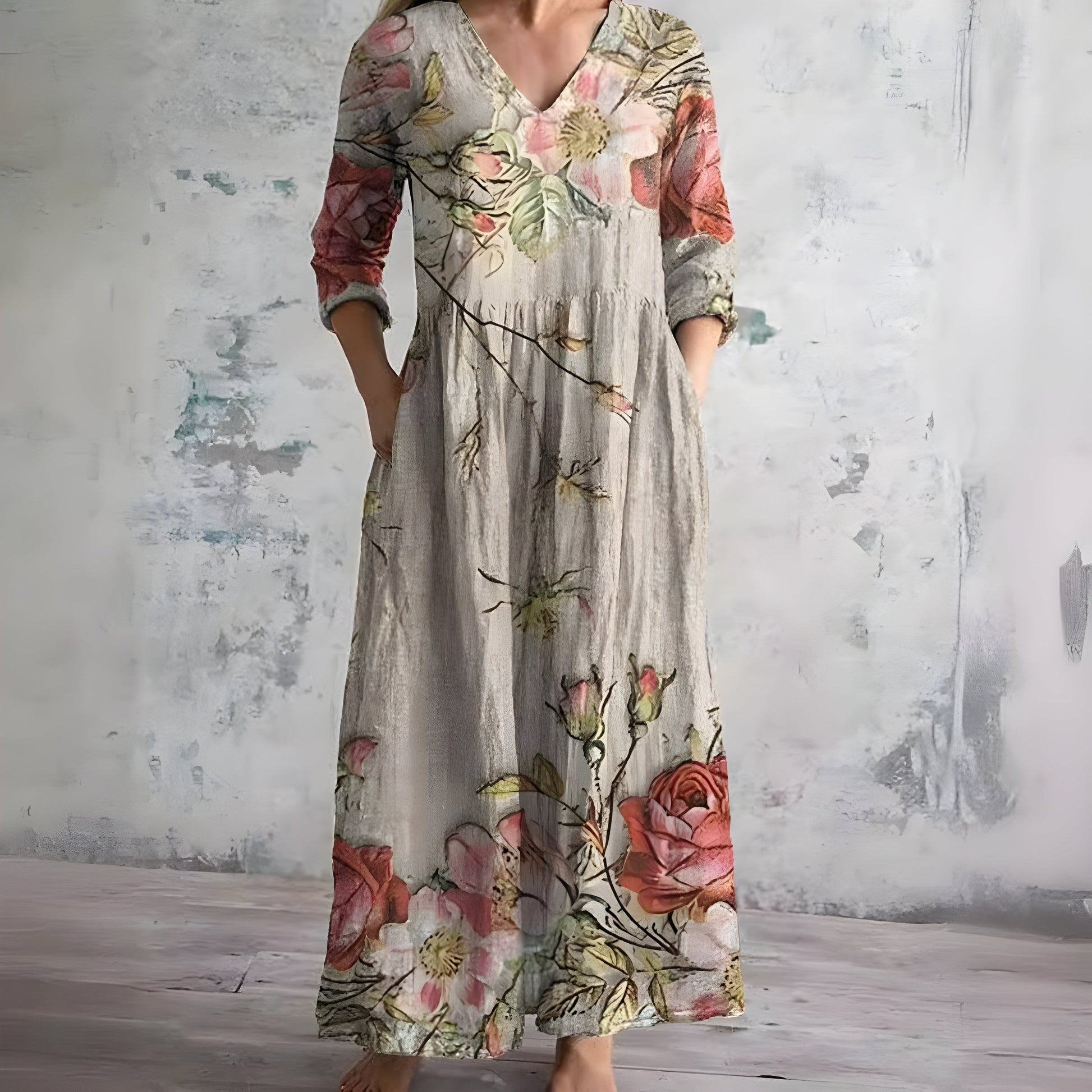 Flowy floral maxi dress women V-neck vintage-inspired print romantic effortless silhouette summer