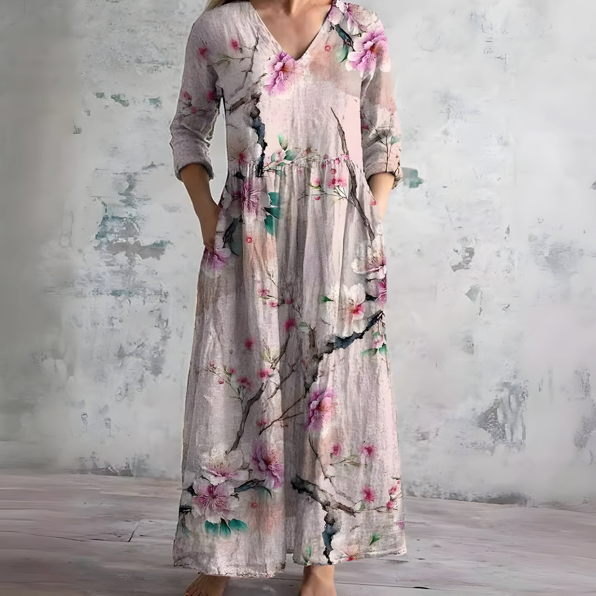 Flowy floral maxi dress with soft V-neckline, vintage-inspired print and romantic effortless silhouette