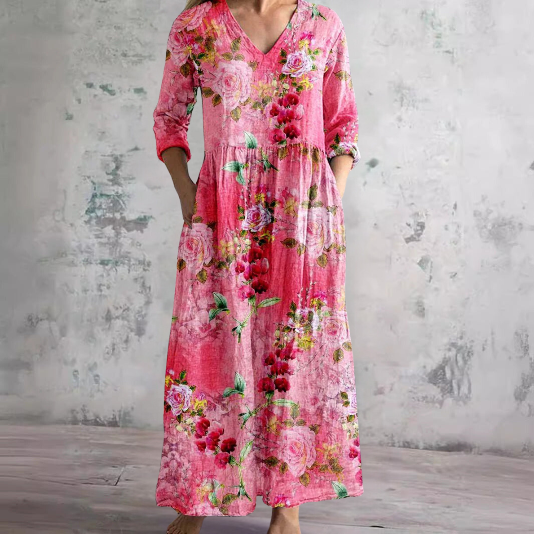 Flowy floral maxi dress women V-neck vintage print romantic effortless silhouette warm days