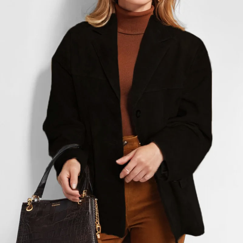 Women's tailored button-down blazer jacket, chic versatile fit with classic polished office style