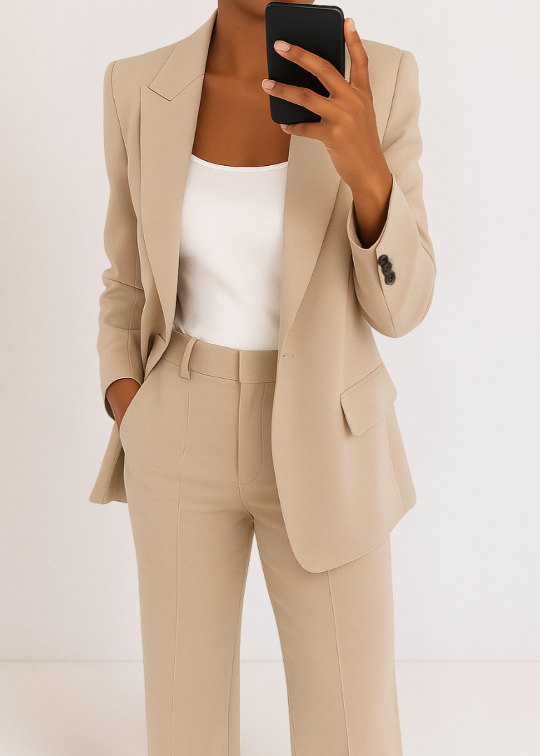 Women's tailored navy pantsuit set with structured blazer and straight-leg trousers for office wear