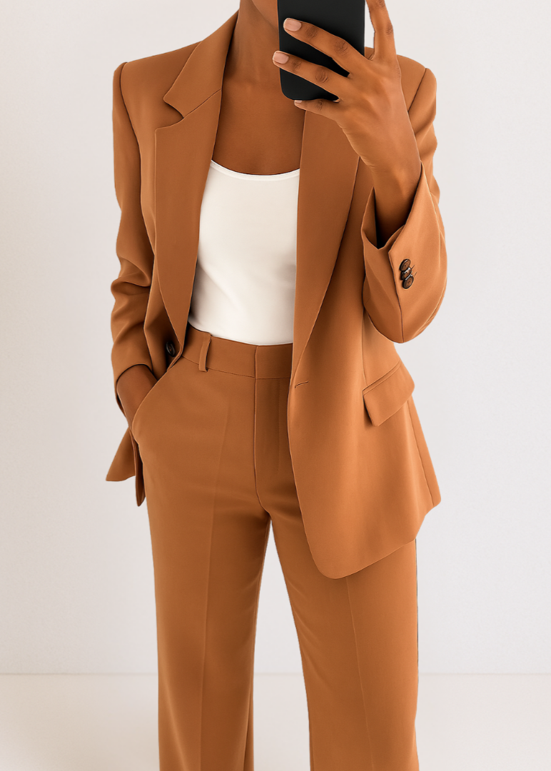 Women's tailored pantsuit set structured blazer straight-leg trousers polished professional office look
