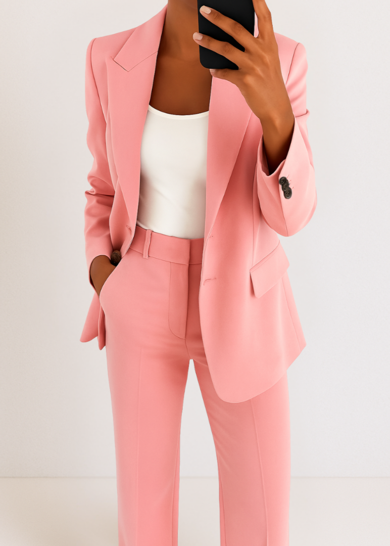 Women's tailored pantsuit set structured blazer straight-leg trousers polished office evening look