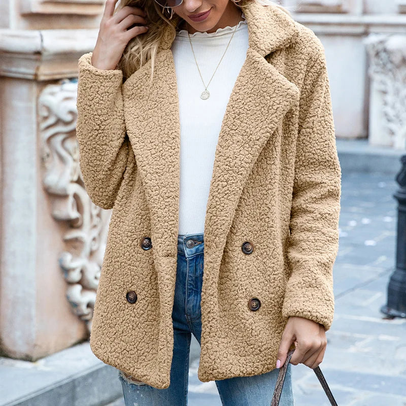 Women's longline teddy coat loose fit plush soft fabric winter outerwear chic everyday style