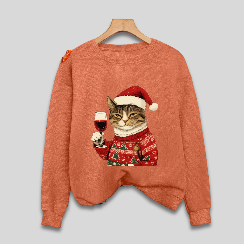 Women's ugly Christmas sweatshirt with funny cat Santa hat wine glass print, cozy festive holiday style
