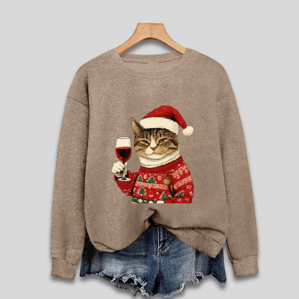 Women's ugly Christmas sweatshirt with funny cat Santa hat wine glass print, cozy festive fit