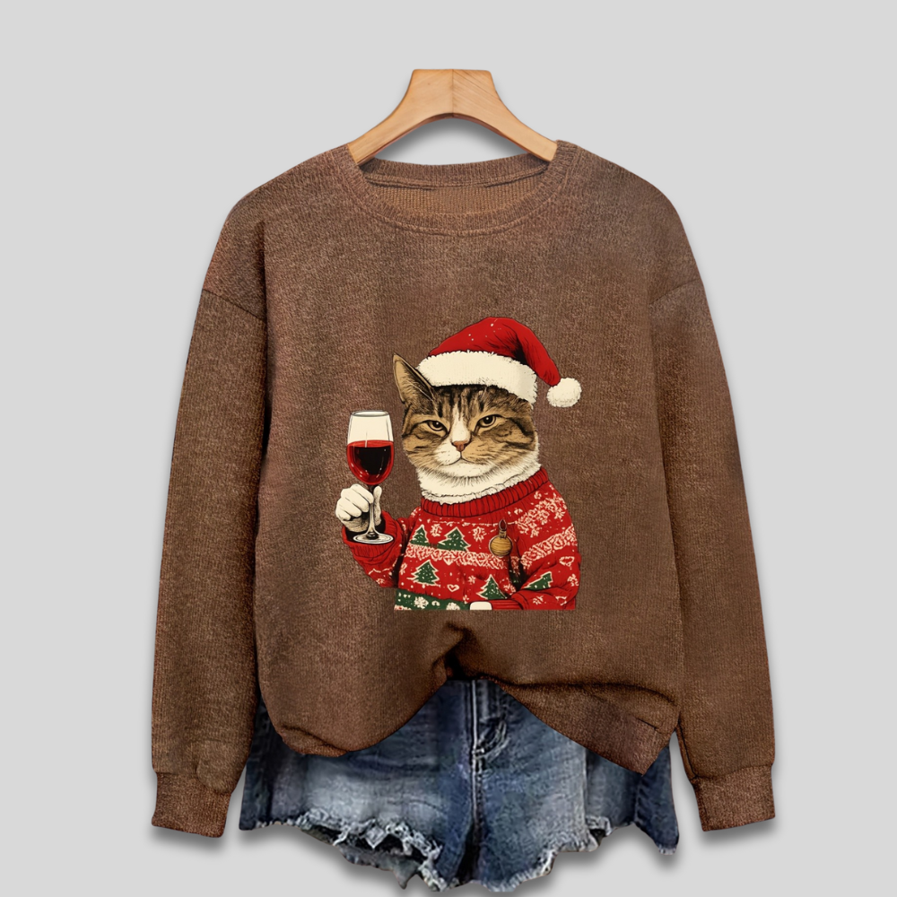 Women's ugly Christmas sweatshirt with funny cat Santa hat wine glass print, cozy festive fit