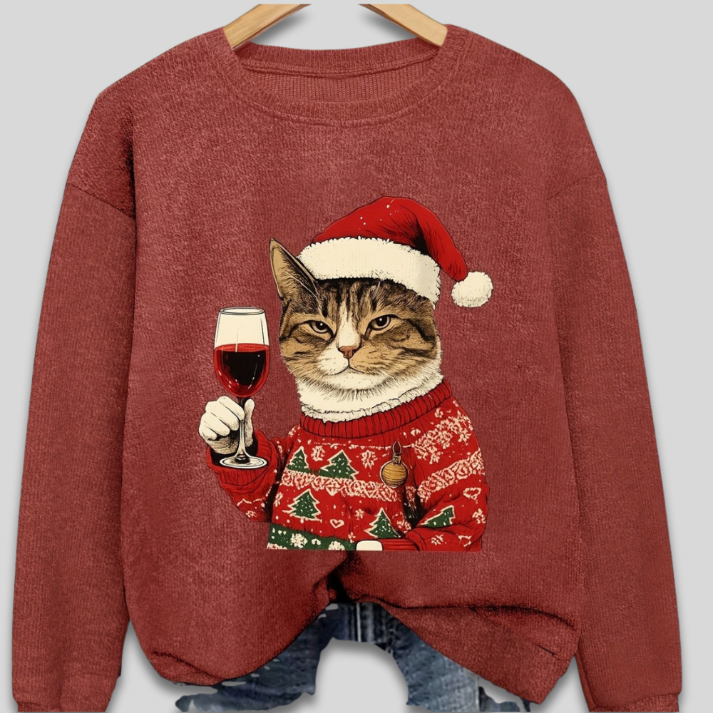 Women's cozy ugly Christmas sweatshirt with funny cat Santa hat wine glass festive print
