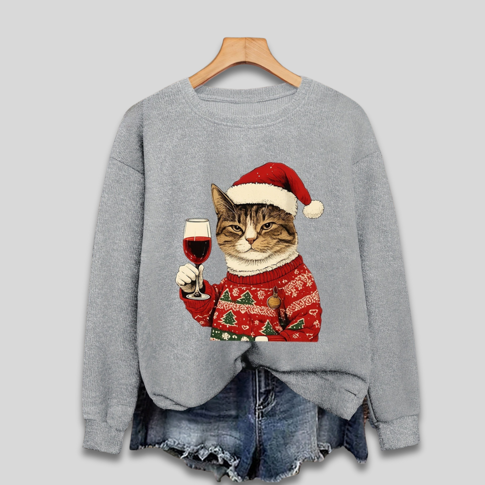 Women's ugly Christmas sweatshirt with funny cat Santa hat wine glass graphic, cozy festive fit