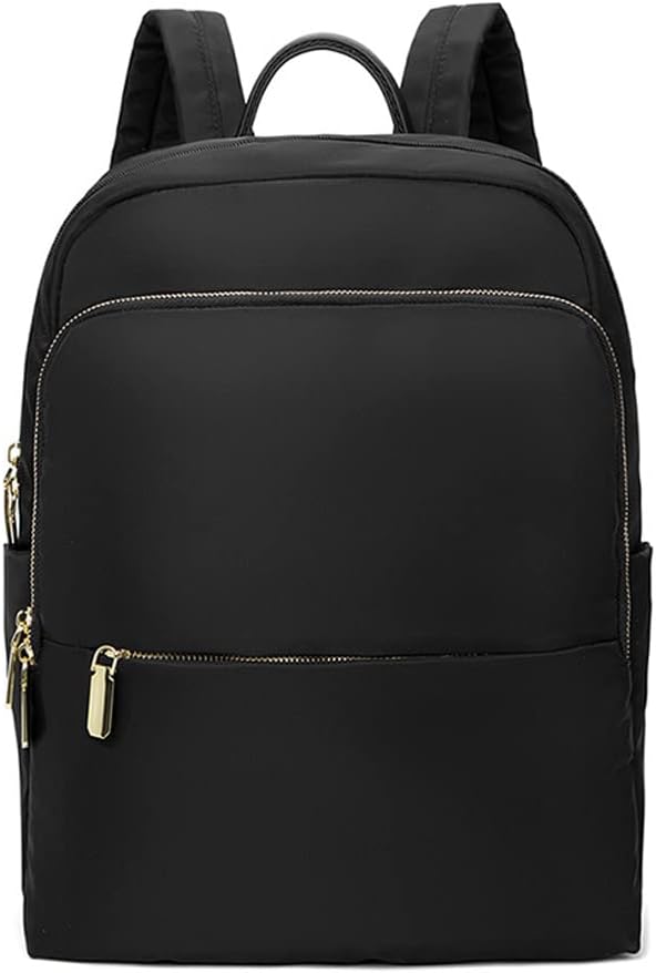 Women's waterproof nylon laptop backpack minimalist design with elegant gold-tone zippers for commute