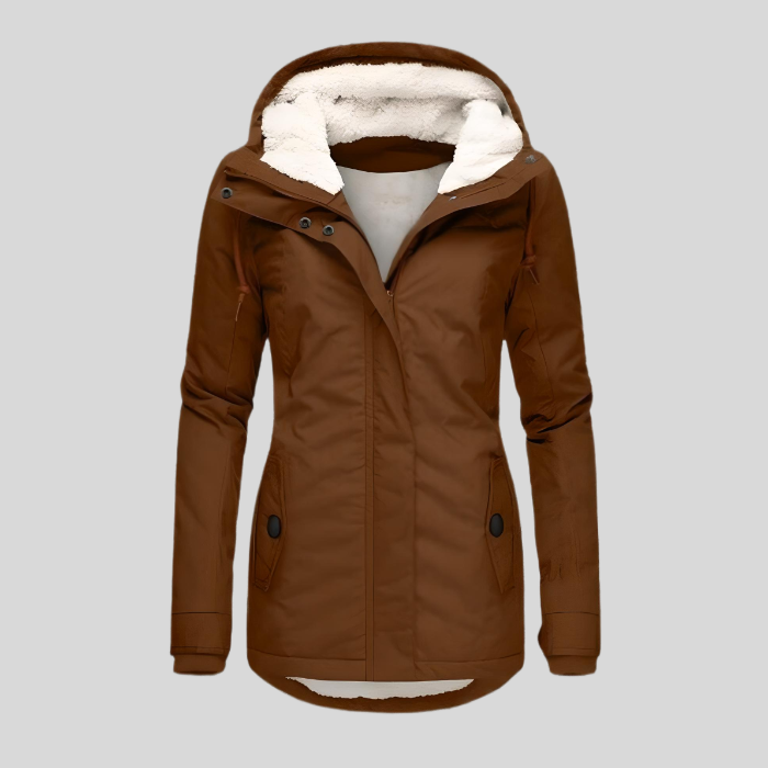 Women's waterproof rain jacket with detachable hood, fleece-lined insulated fit in neutral tone