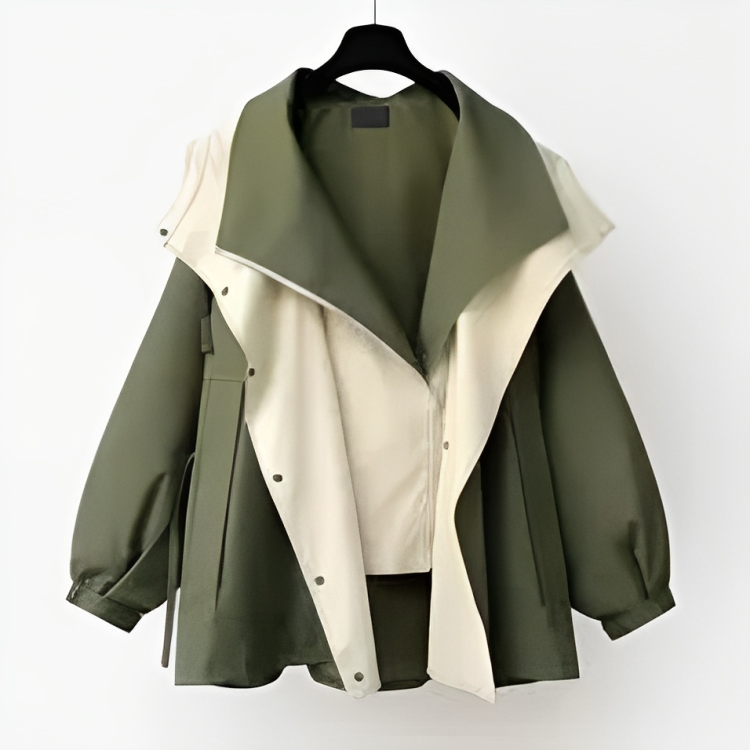Women's lightweight two-tone windbreaker jacket with layered hood and olive-green inner collar detail