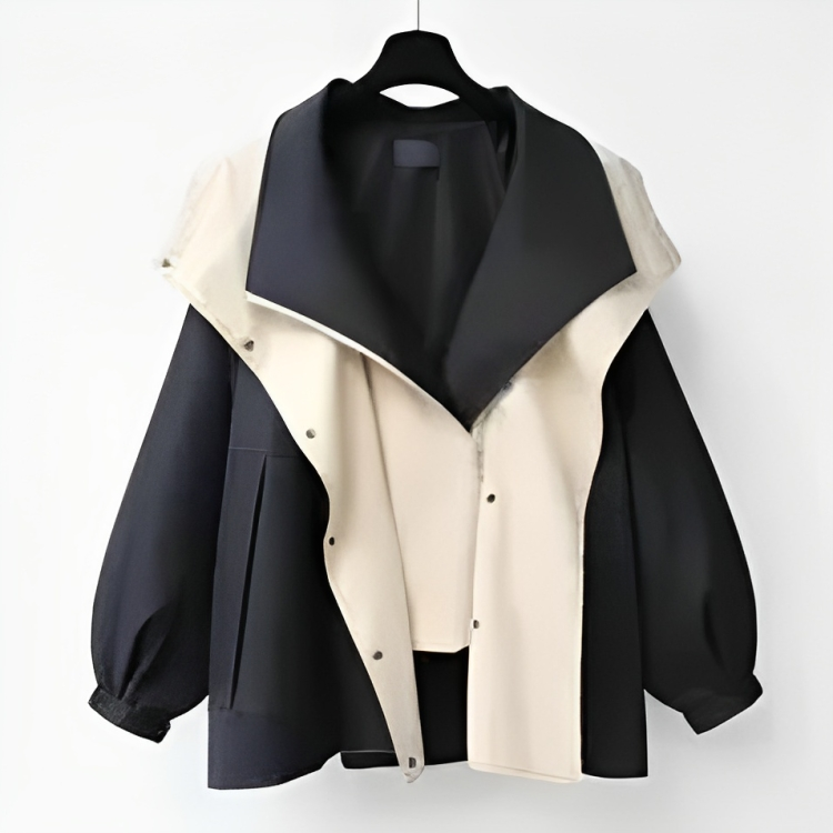 Women's lightweight two-tone windbreaker jacket with layered hood design and olive-green inner collar
