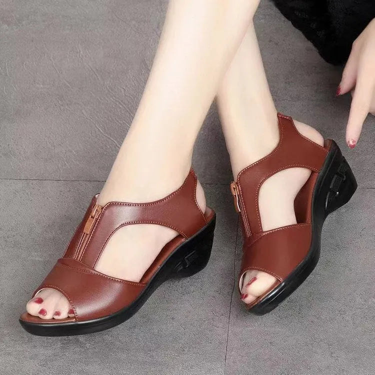 Women's beige PU leather wedge sandals with cut-out detail, front zipper closure, and open toe summer design