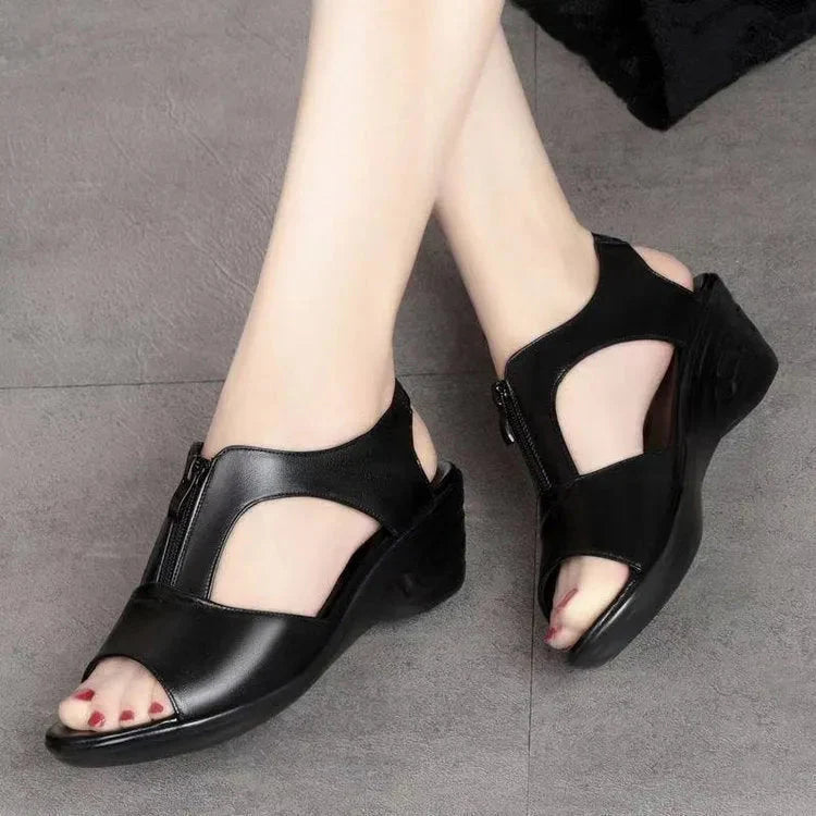 Women's beige PU leather wedge sandals with cutout design, front zipper closure, and open toe summer style