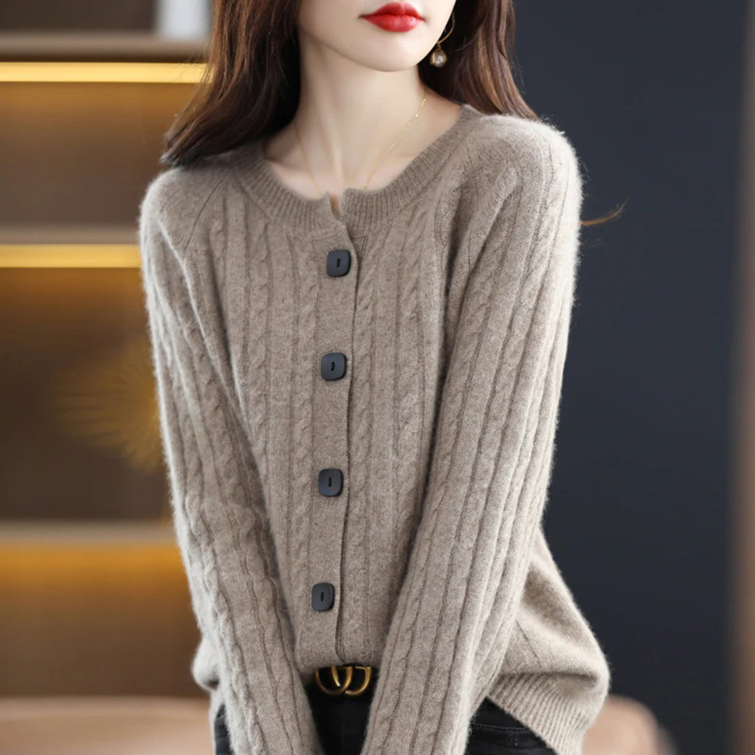 Women's wool knit cardigan sweatshirt, cable-knit texture, relaxed fit, button front closure