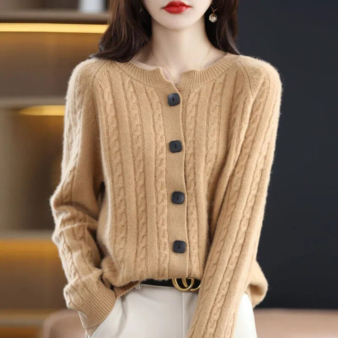 Women's wool knit cardigan sweatshirt with cable-knit texture, button front, relaxed cozy fit for fall