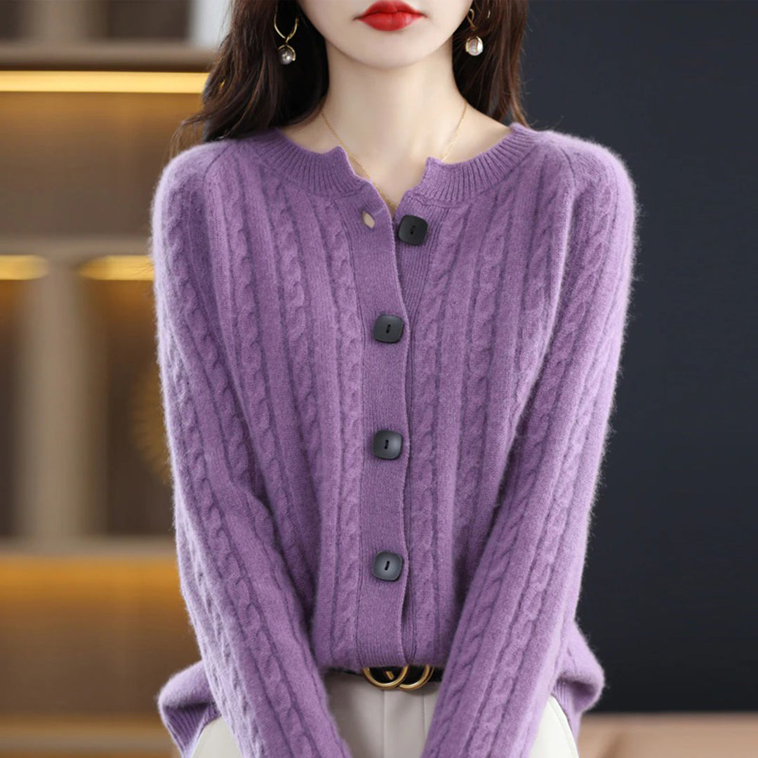Women's wool knit cardigan sweatshirt with cable knit texture, button front, cozy relaxed fit