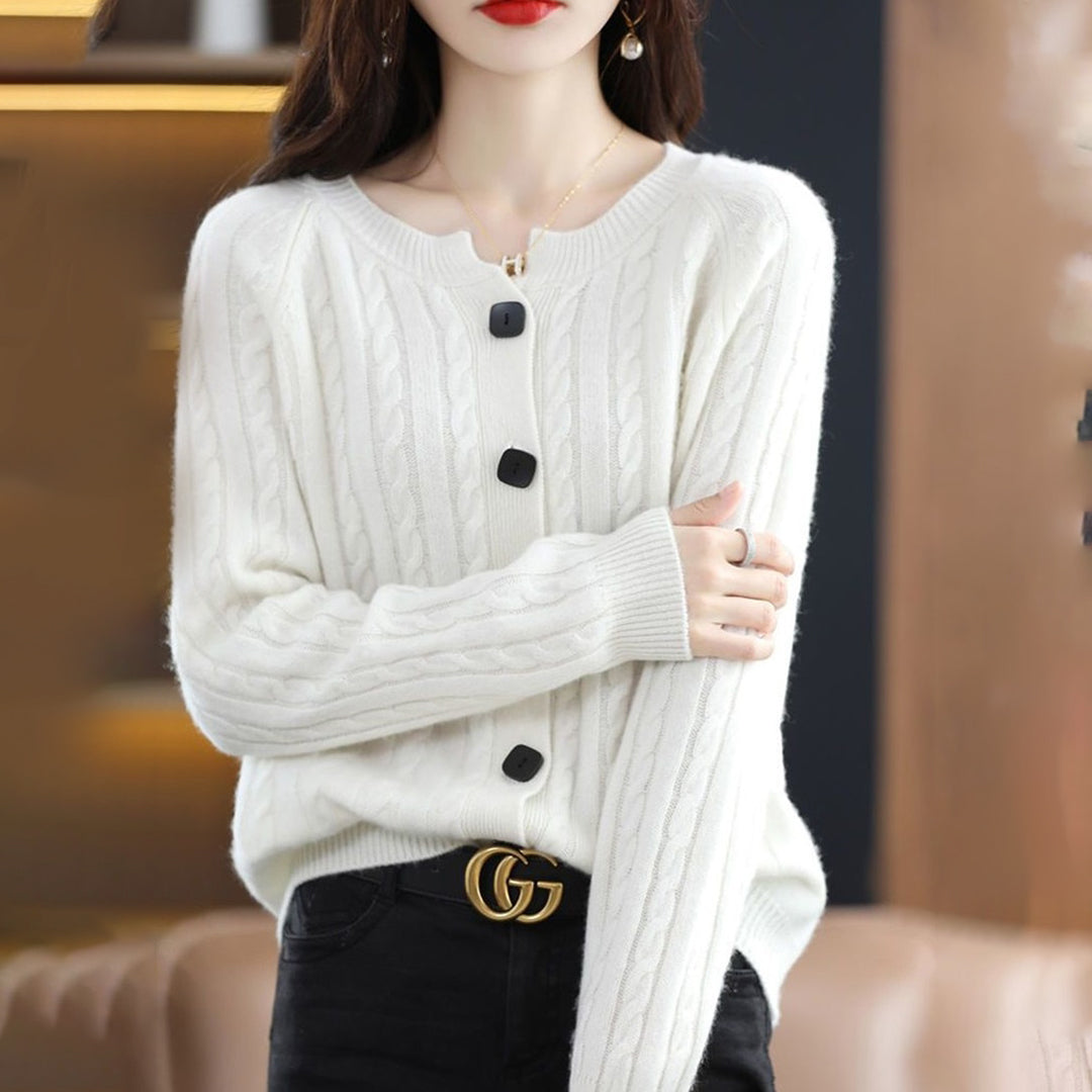 Women's wool knit cardigan sweatshirt with cable-knit texture, button front, relaxed cozy fit for fall