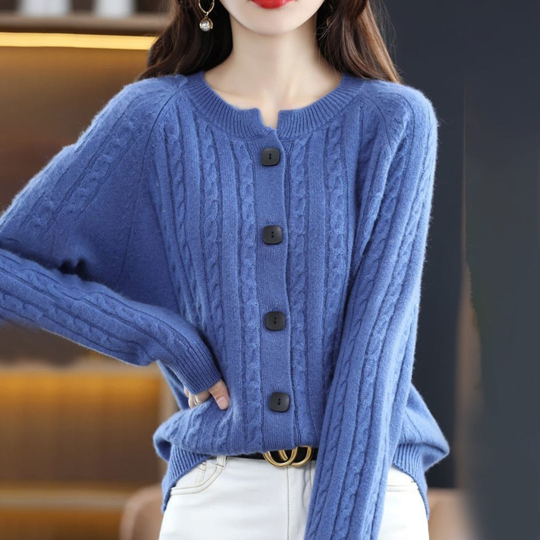 Women's wool knit cardigan sweatshirt with cable knit texture, button front, cozy relaxed fit