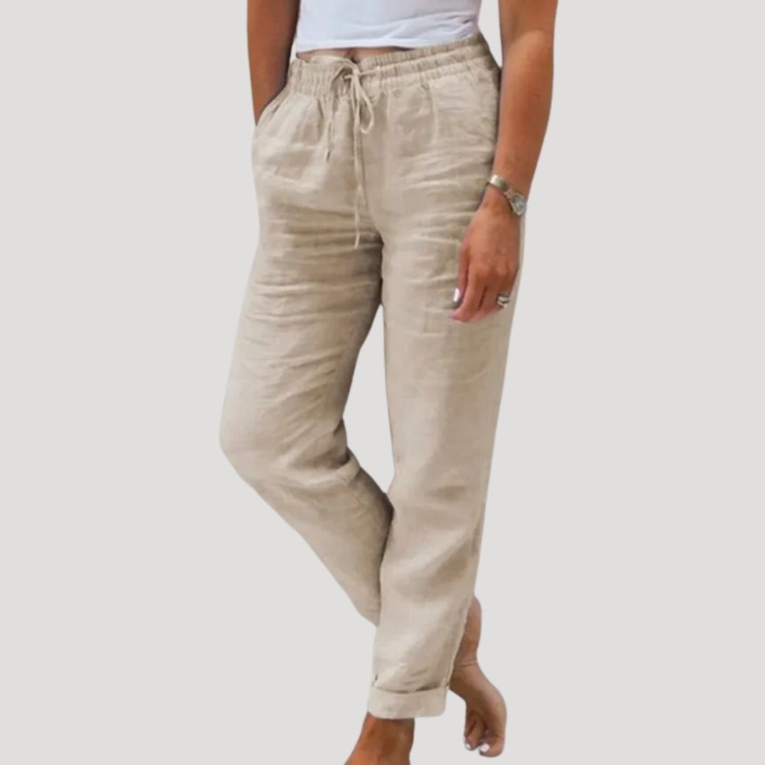 Women's lightweight linen tapered trousers with elasticated drawstring waist, casual summer style