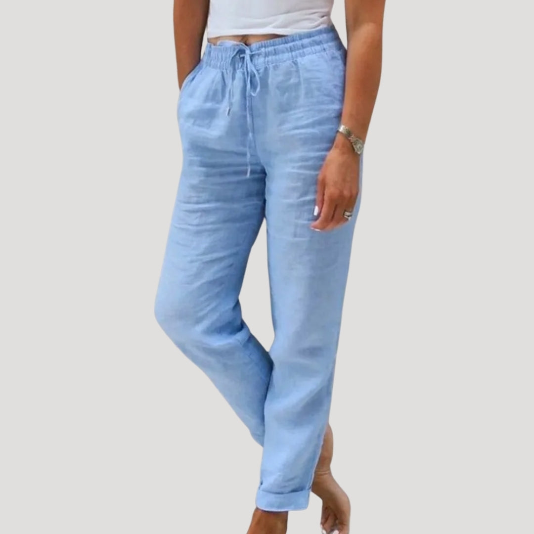 Women's lightweight linen tapered trousers with elasticated drawstring waist, casual summer fit
