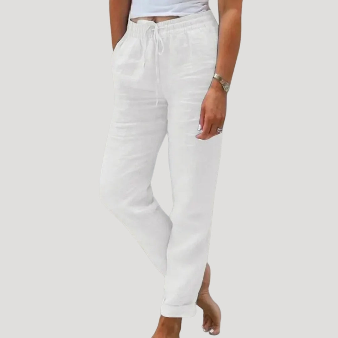 Women's lightweight linen tapered trousers with elasticated drawstring waist, casual summer style
