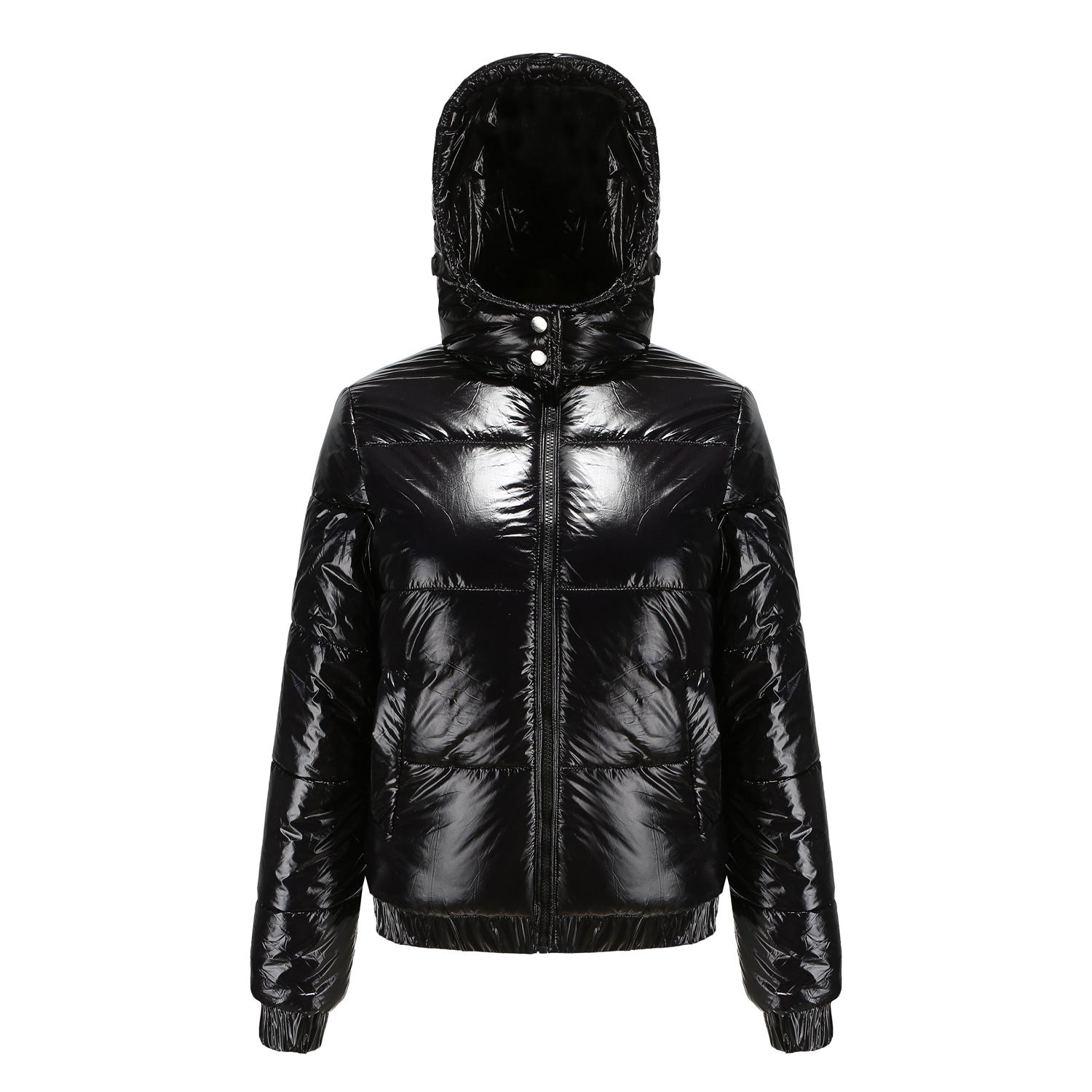 Cobalt blue women's hooded puffer jacket high-gloss finish sleek fitted silhouette bold shine