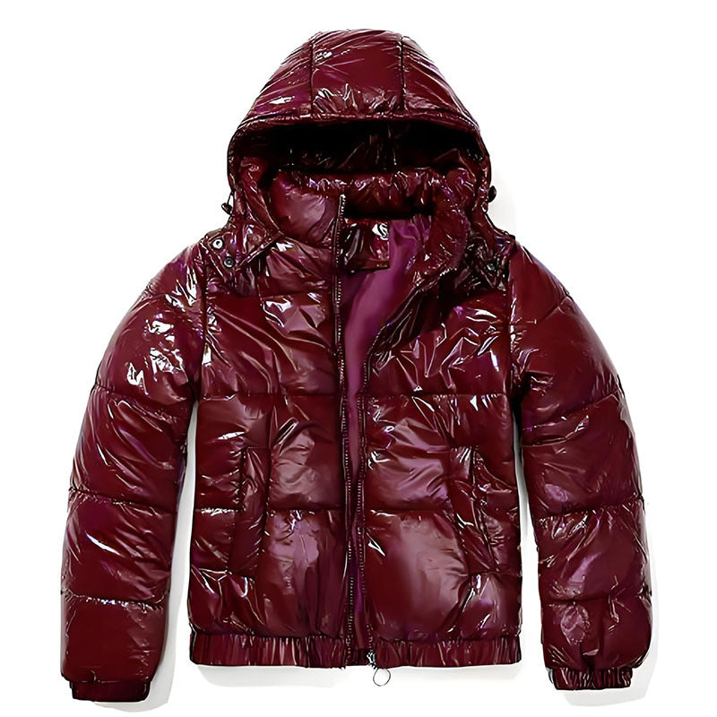 Women's cobalt blue high-gloss puffer jacket with hood, sleek fitted silhouette bold shine