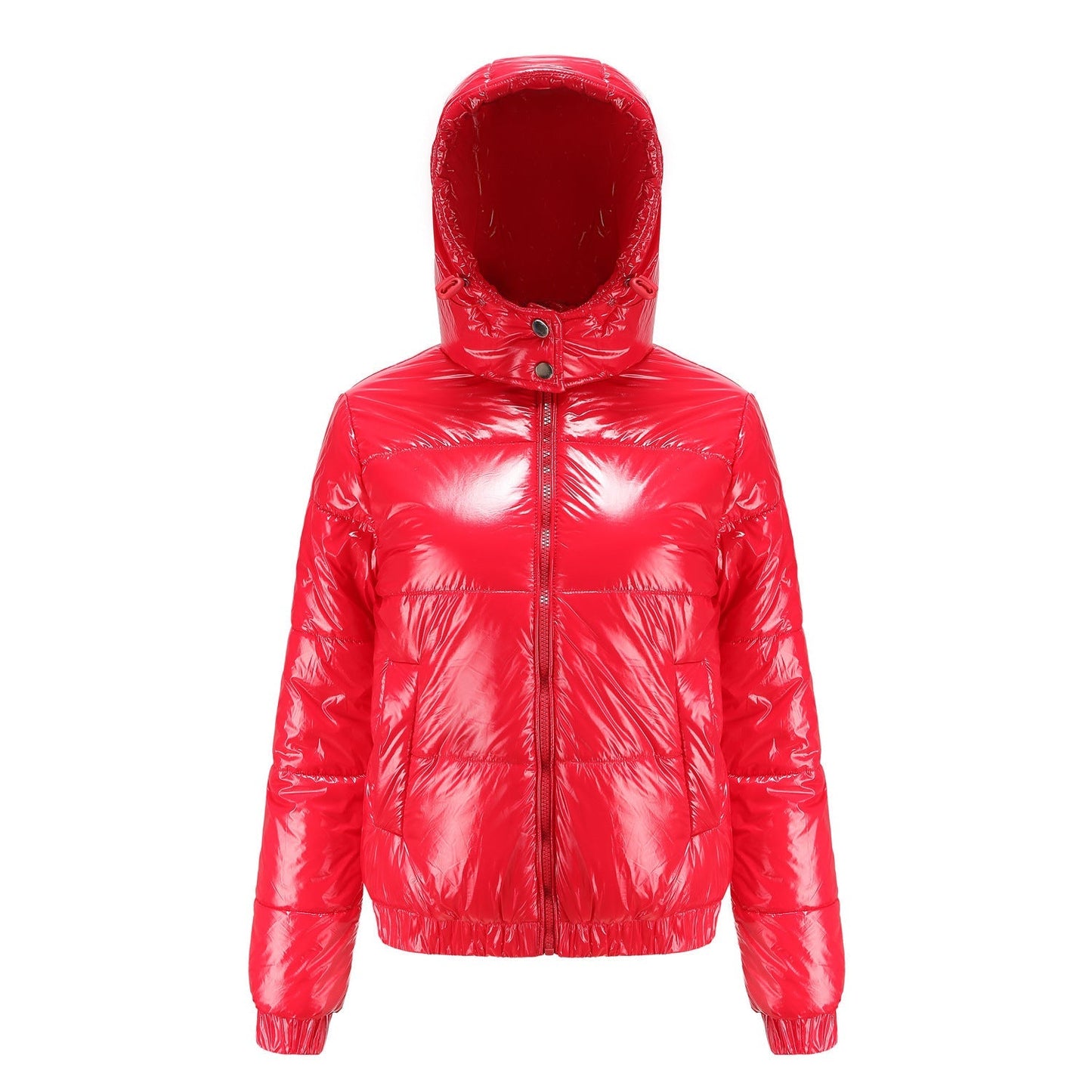 Women's cobalt blue high-gloss puffer jacket with hood, sleek fitted silhouette, bold shiny finish