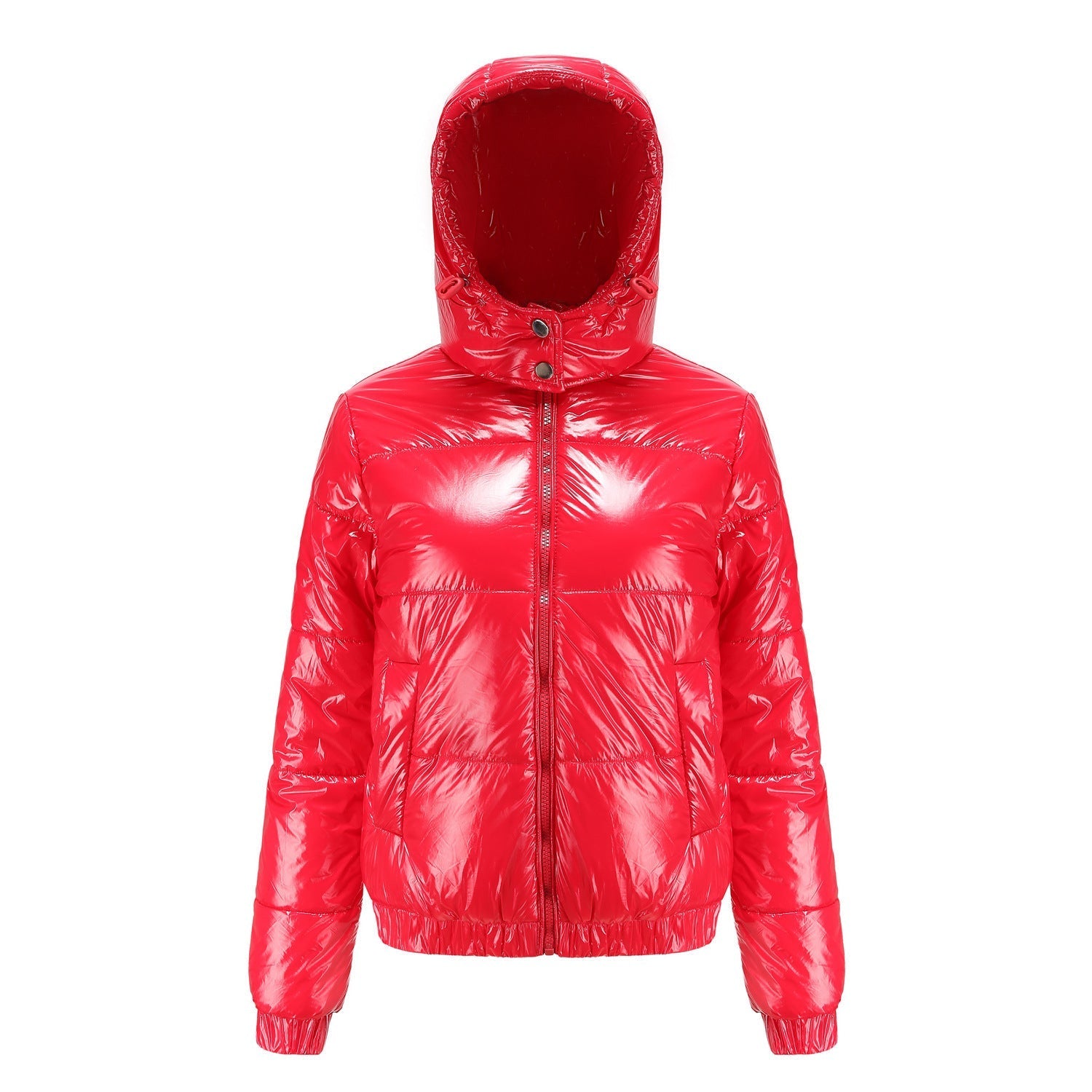 Women's cobalt blue high-gloss puffer jacket with hood, sleek fitted silhouette, bold shiny finish