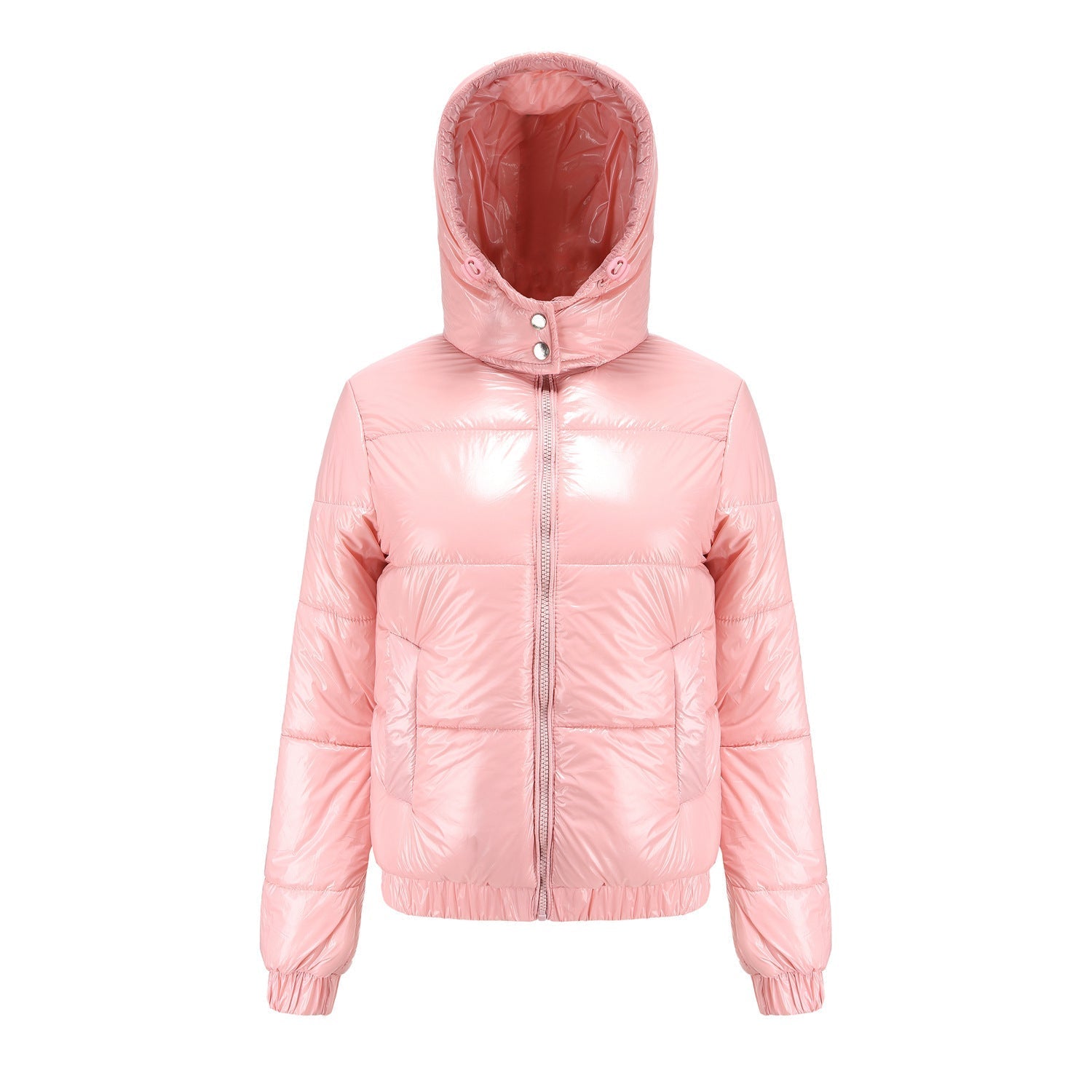 Women's cobalt blue high-gloss puffer jacket with hood, sleek quilted fit for bold warmth