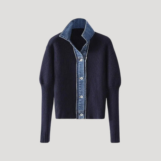 Navy Women's knit cardigan with denim trim - Urbann-Vibe