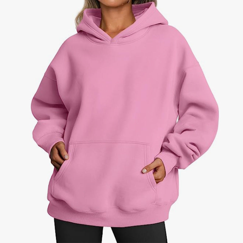 Women's charcoal grey oversized hoodie with dropped shoulders and practical pockets for casual comfort