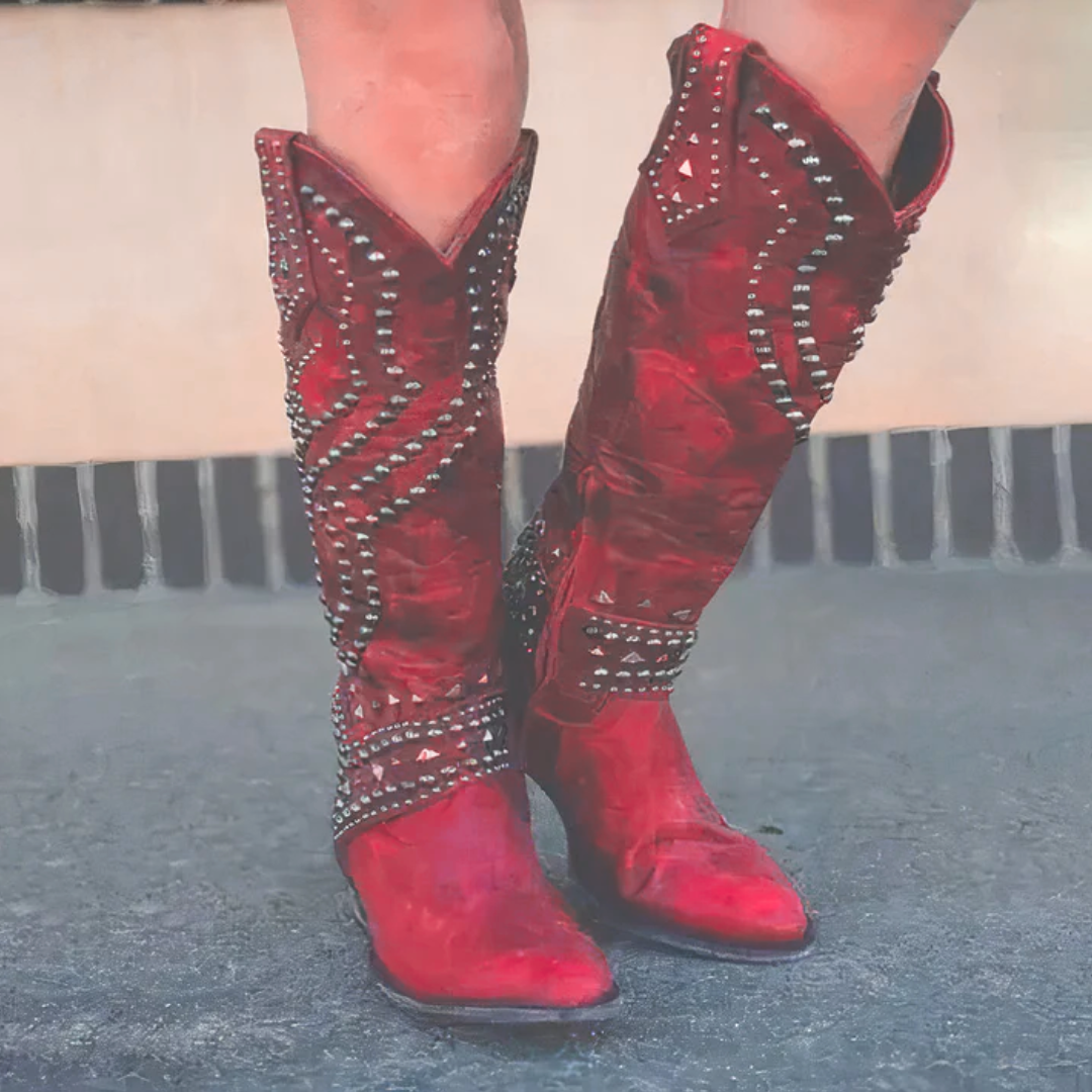 Women's studded cowboy boots chunky block heel Western festival style bold metal stud detailing