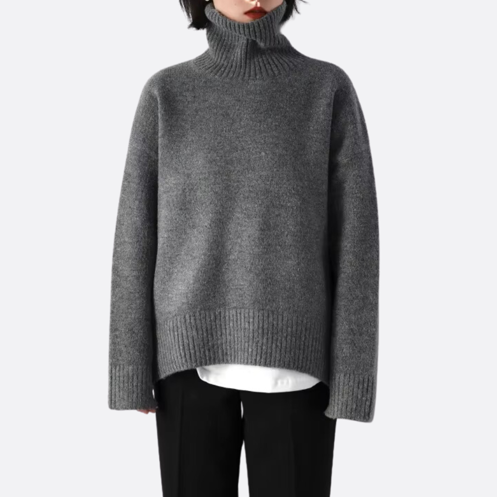 Women's dark chocolate oversized turtleneck sweater with high ribbed neck and cozy medium-weight knit