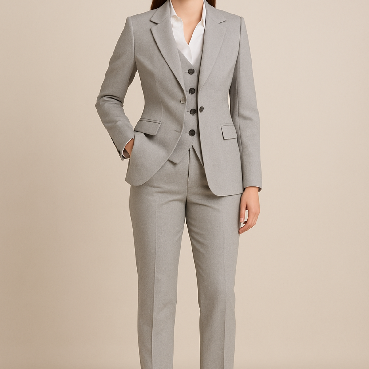 Women's 3-piece tailored suit set elegant layered ensemble matching top trousers work-ready polished look
