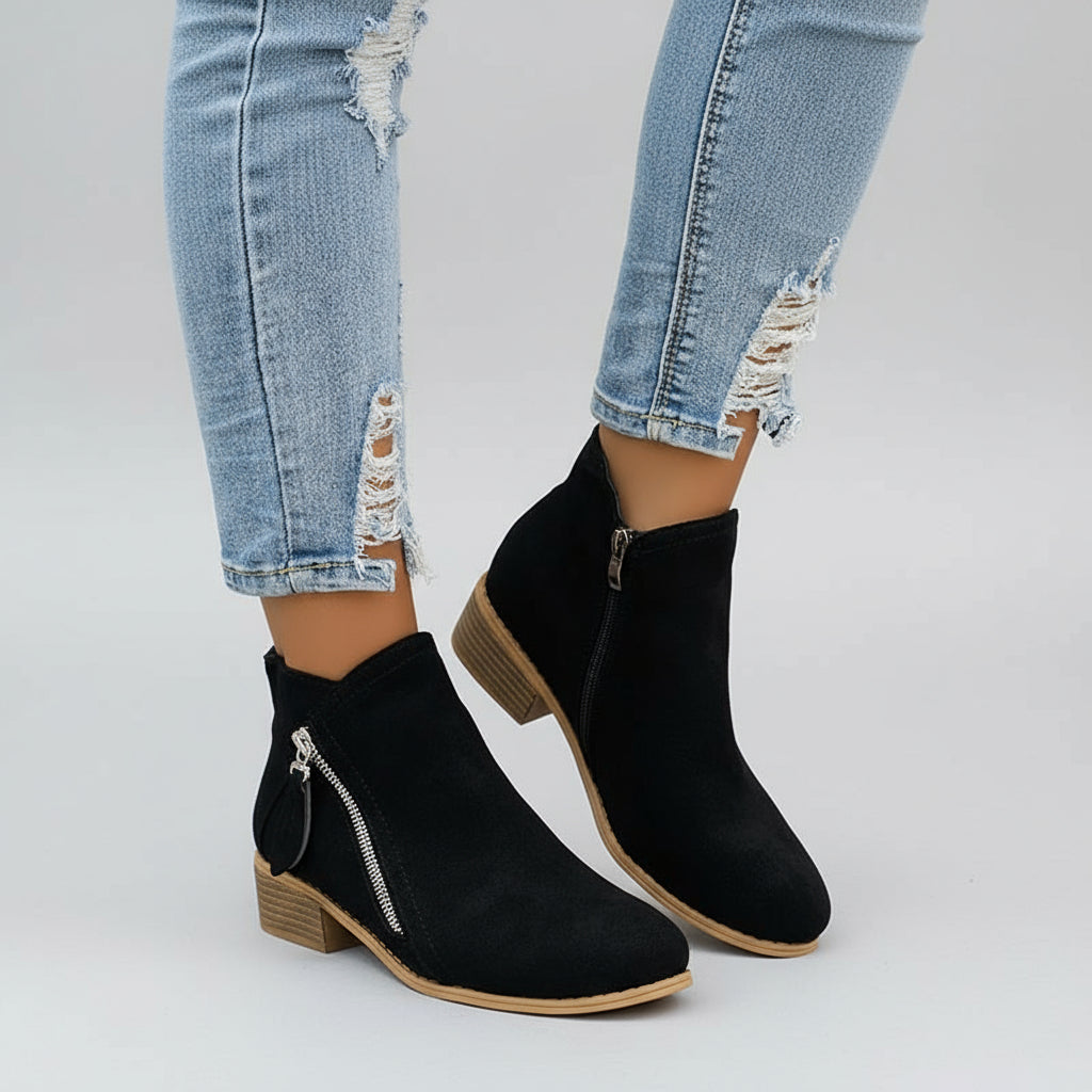 Women black ankle boots side zip closure stacked low heel casual everyday versatile comfort style
