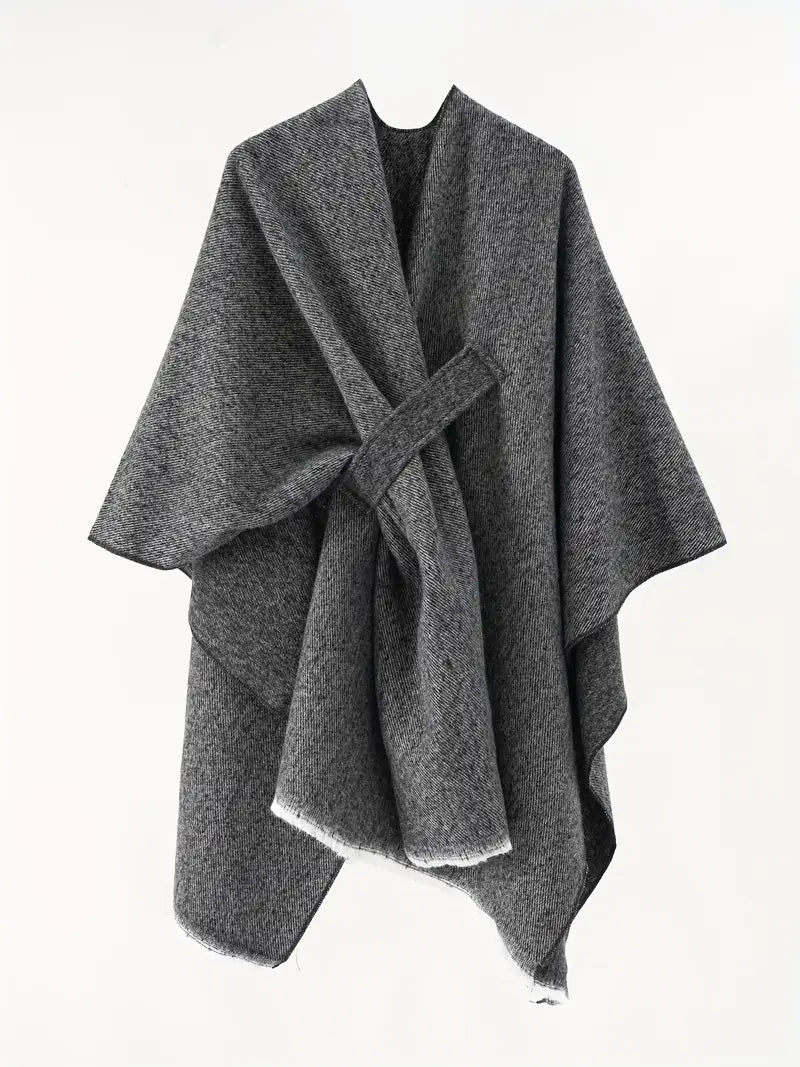 Women's oversized asymmetrical drape shawl wrap in neutral tones with self-tie belt for winter layering