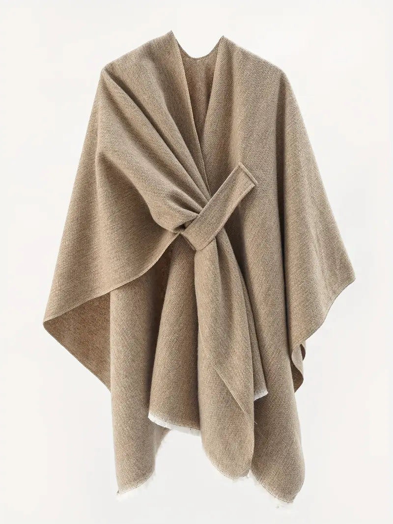 Women's oversized asymmetrical drape shawl wrap neutral tones open-front with self-tie belt