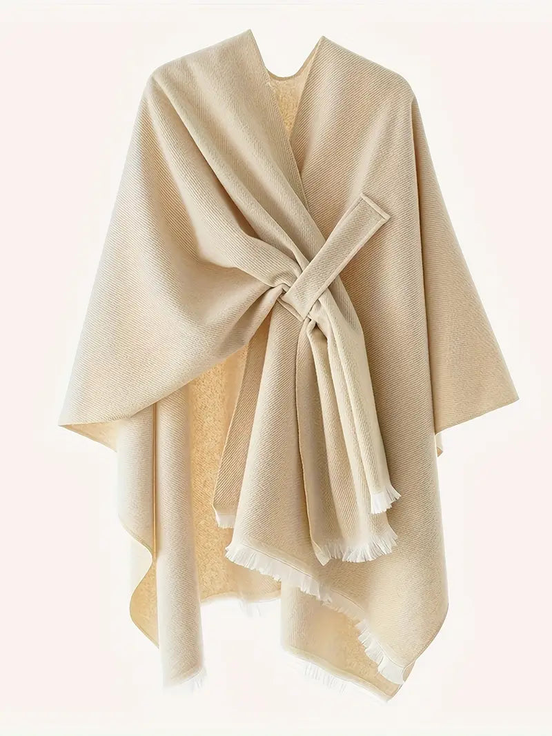 Women asymmetrical oversized drape shawl wrap in neutral tones with self-tie belt for autumn winter
