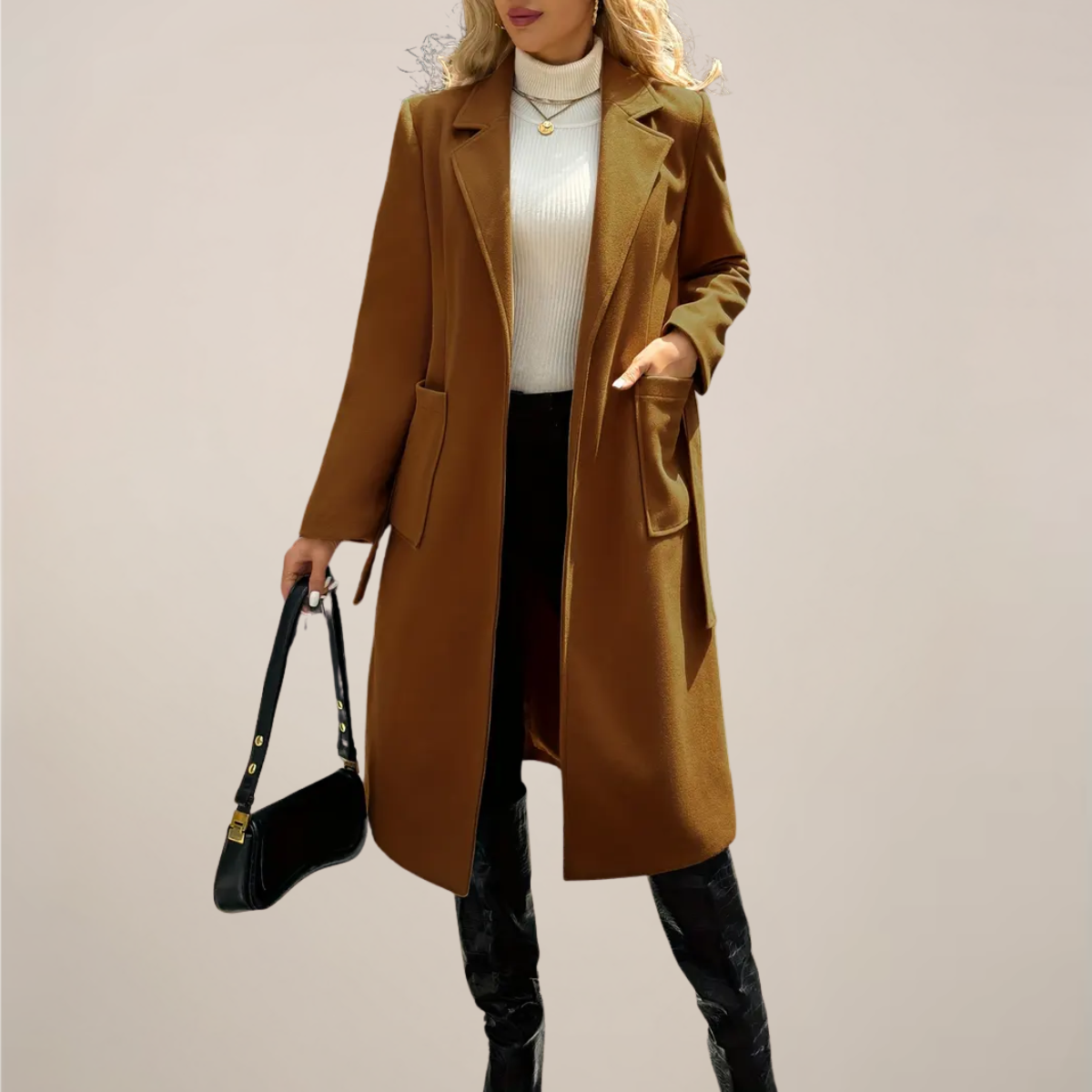 Women's camel belted long coat with structured lapel, elegant tailored silhouette for winter