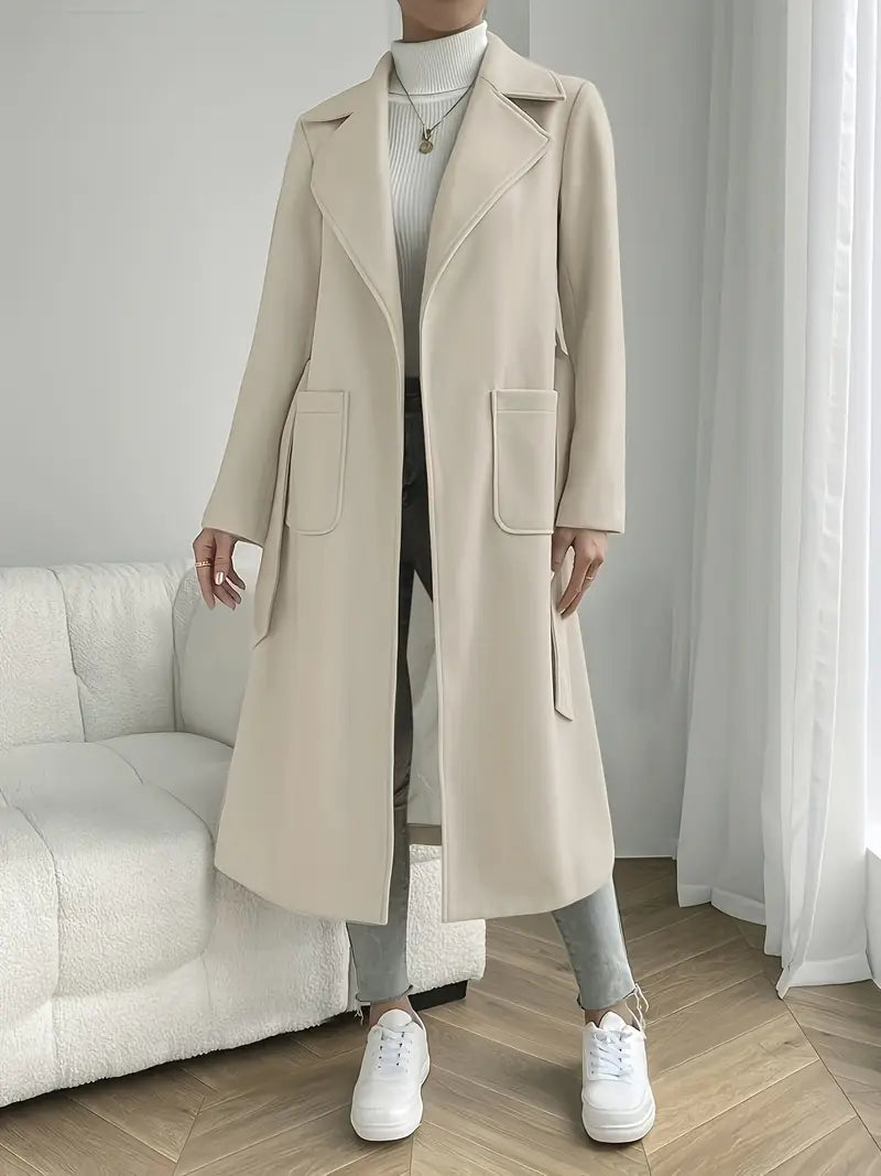 Women's belted long overcoat minimalist lapels relaxed tailored fit open front fall winter coat