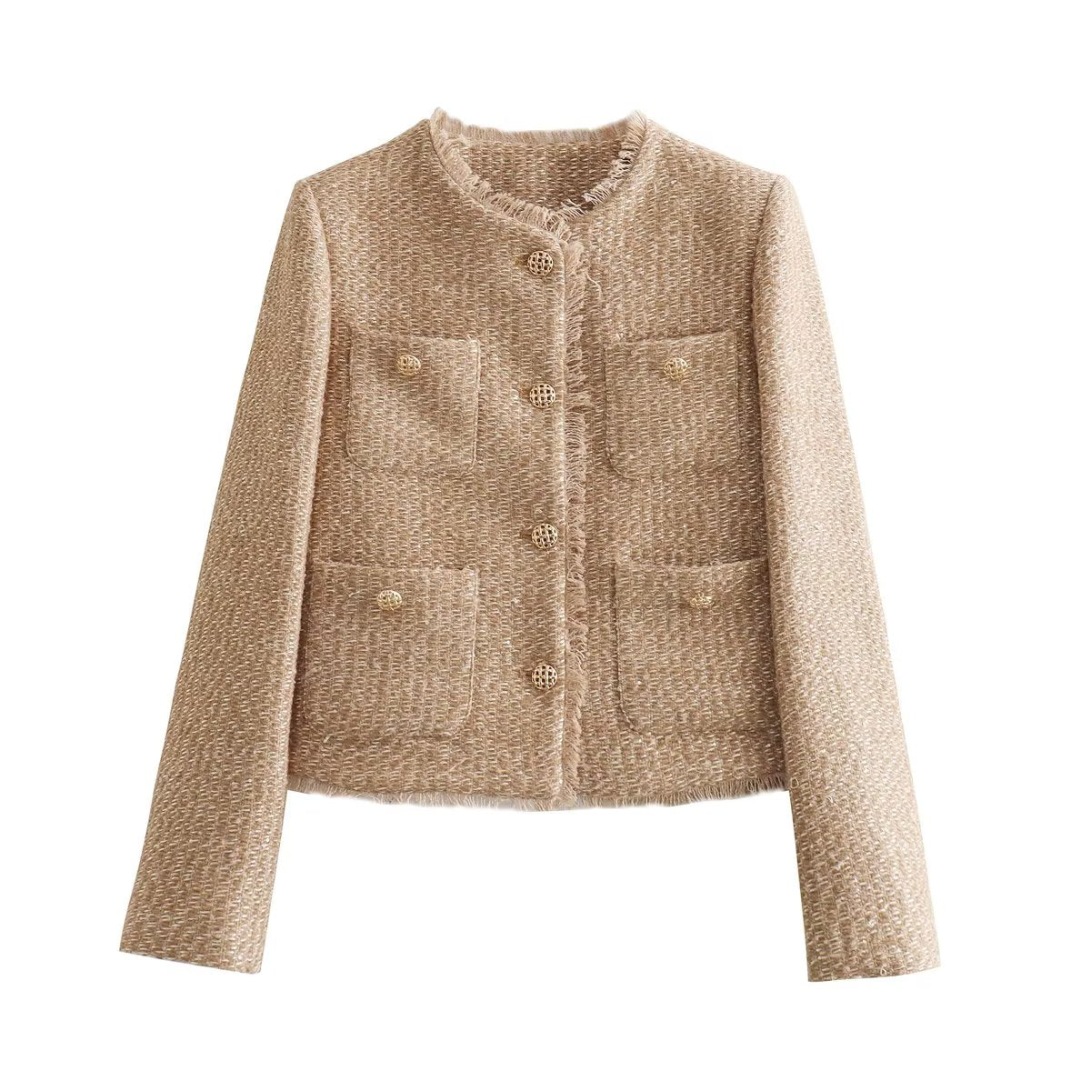 Women's collarless blazer jacket with gold buttons, four pockets, elegant slim fit for work