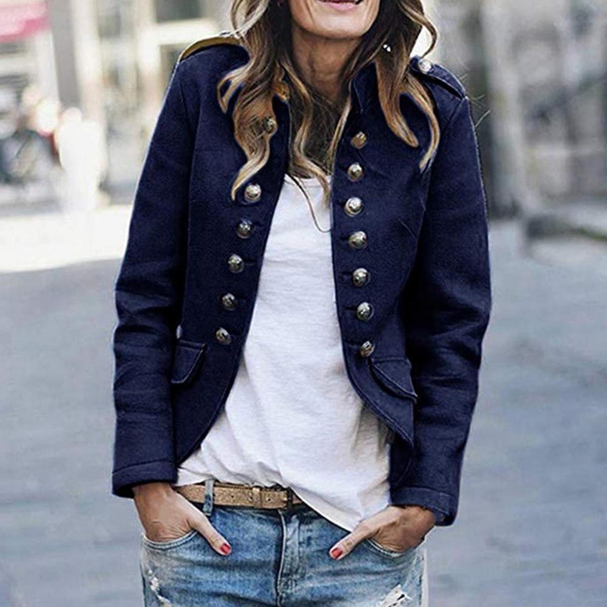Zara women navy double-breasted tailored jacket with structured silhouette and chic professional fit