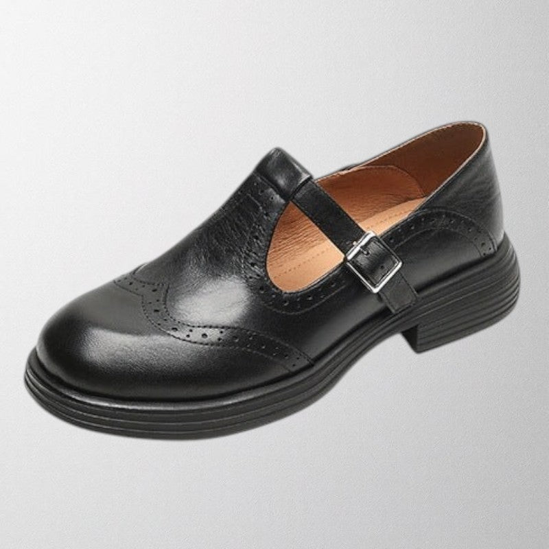 Women's brown buckle strap brogue flats round-toe cushioned insole office smart-casual everyday wear